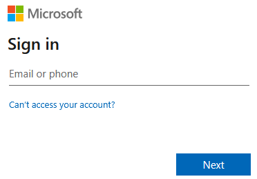 Microsoft sign-in page with an email or phone input field, a "Can’t access your account?" link, and a Next button.