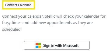 Dialog titled "Connect Calendar" prompting the user to connect their calendar, with a "Sign in with Microsoft" button.