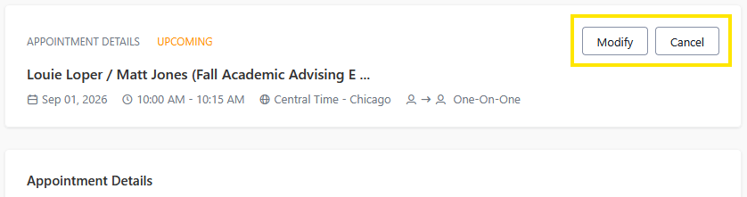 Screenshot of an appointment details page with “Modify” and “Cancel” buttons highlighted in the top-right corner.
