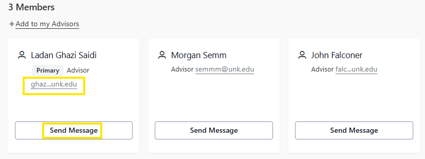 Advisors page showing three member cards with names, UNK email links, and Send Message buttons.