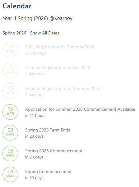 Academic calendar list for Year 4 Spring 2026 at Kearney, showing key dates like registration, term end, and commencement in April and May.