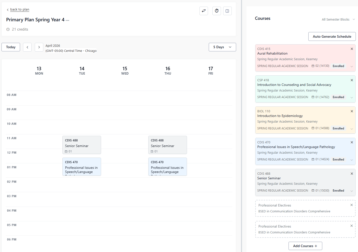 Five-day weekly schedule view for April 2026 with class blocks on Tuesday and Thursday, alongside a course list and Auto Generate Schedule button.