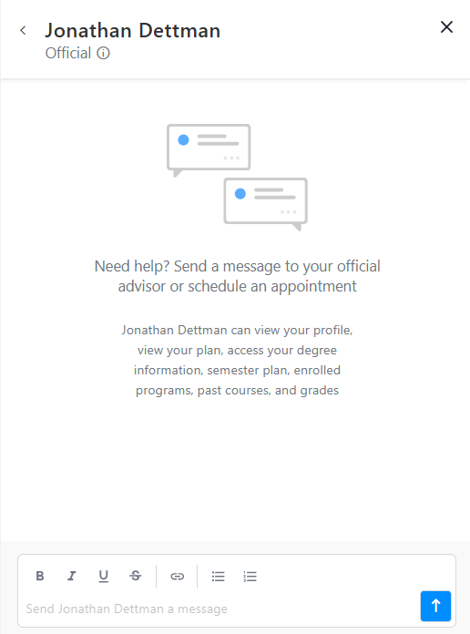 Messaging screen for an official advisor, prompting you to send a message or schedule an appointment.