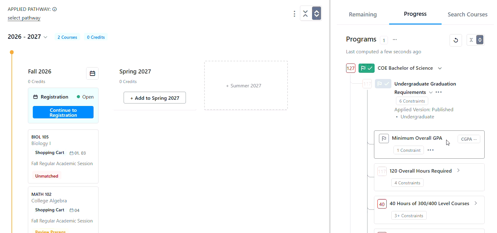 Student planning dashboard showing Fall 2026 courses and a progress panel for a Bachelor of Science with graduation requirements.