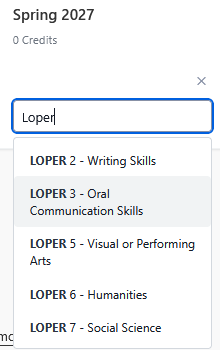 Dropdown menu for Spring 2027 course selection, with “Loper” typed in the search field and LOPE(R) category options listed below.