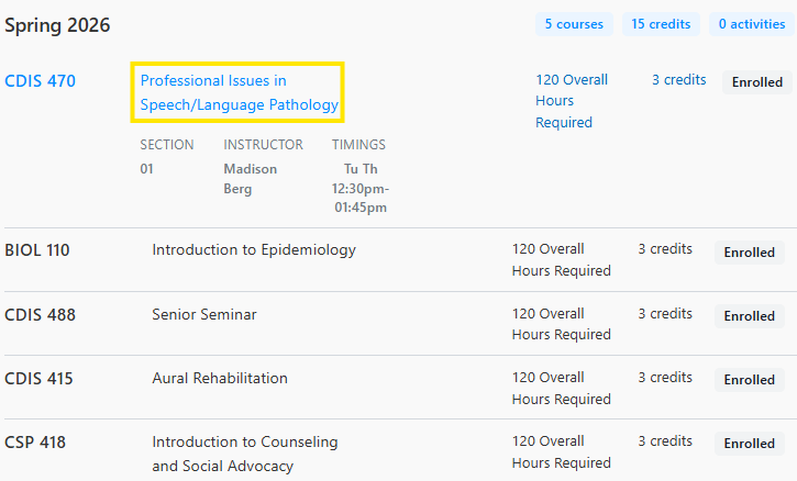 Course registration list for Spring 2026 showing five enrolled courses, with CDIS 470 “Professional Issues in Speech/Language Pathology” highlighted.