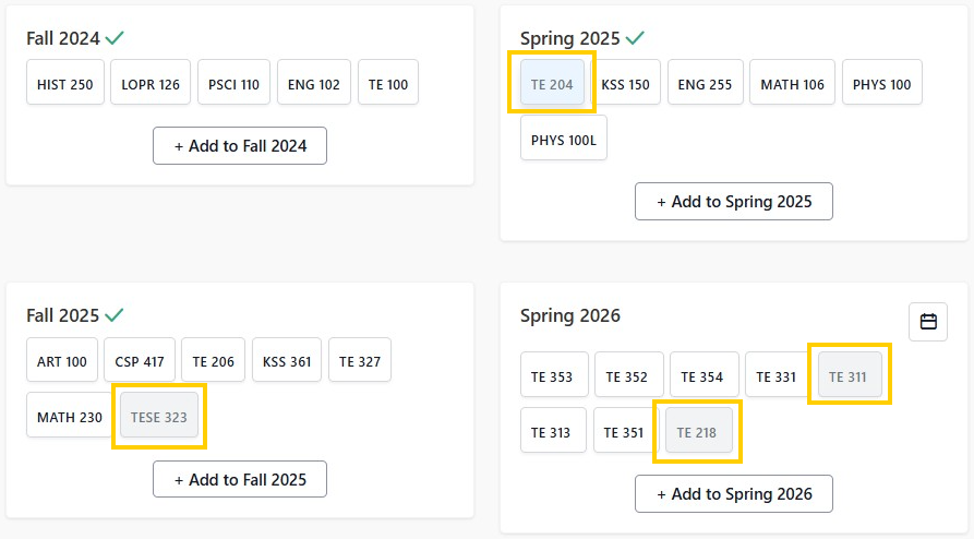 Four term panels (Fall 2024, Spring 2025, Fall 2025, Spring 2026) showing selected course tiles, with TE 204, TESE 323, TE 218, and TE 311 highlighted in yellow.