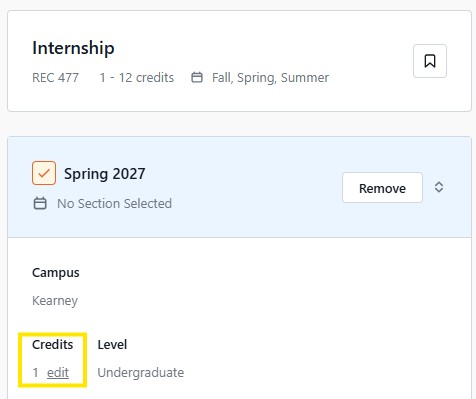 Course registration screen showing an Internship course selected for Spring 2027, with the Credits field highlighted.