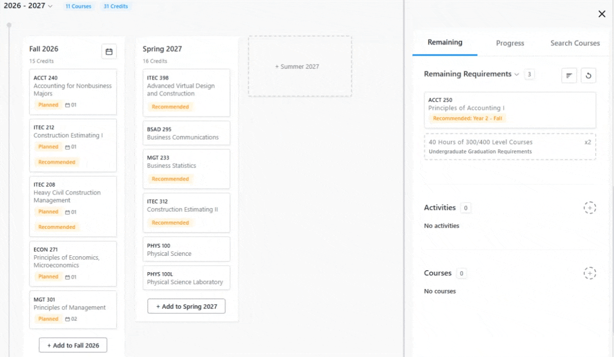 Student planner showing Fall 2026 and Spring 2027 schedules with a side panel listing remaining degree requirements.