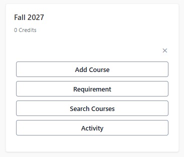 Course planning panel for Fall 2027 showing 0 credits and buttons for Add Course, Requirement, Search Courses, and Activity.