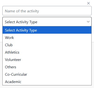 Dropdown menu for selecting an activity type, showing options like Work, Club, Athletics, and Volunteer.
