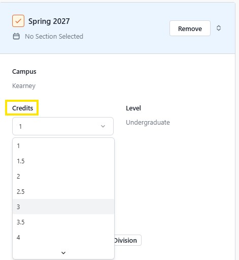 Course selection form showing the Credits dropdown expanded, with 3 credits highlighted.