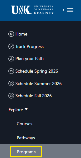 UNK University of Nebraska at Kearney navigation menu with links like Home, Track Progress, Plan your Path, and a highlighted Programs option.