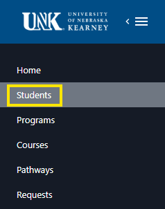 UNK University of Nebraska at Kearney Stellic navigation menu with the “Students” item highlighted.