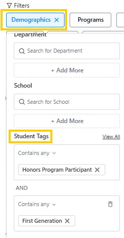 Filter panel showing Demographics selected and Student Tags filters for “Honors Program Participant” and “First Generation.”