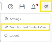 Dropdown menu under a user icon, with the “Switch to Test Student View” option highlighted.
