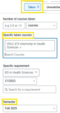 Taken filter, with dropdown of specific taken courses field, specific requirement dropdown (catalog year 2023), and semester set to Fall 2025.