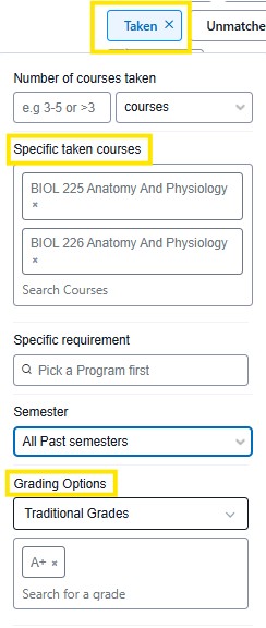 Taken filter panel showing the Taken tab selected, fields for specific taken courses, semester selection, and grading options.