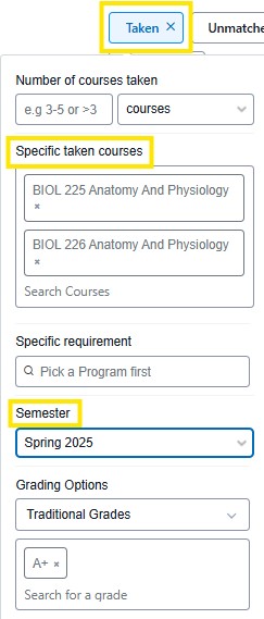 Taken filter with the “Taken” tab selected, showing fields for specific taken courses, semester (Spring 2025), and grading options.