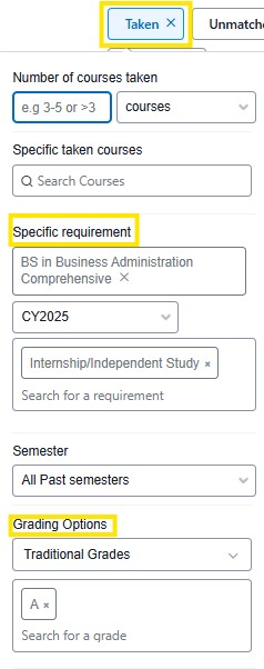 Taken filter form showing the “Taken” tab selected, with “Specific requirement” and “Grading Options” fields highlighted.
