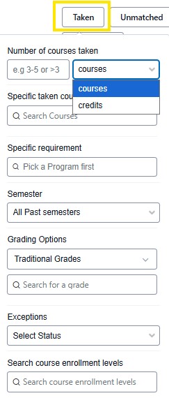 Course search filter panel with the “Taken” tab selected and a dropdown for number of courses showing options for courses or credits.