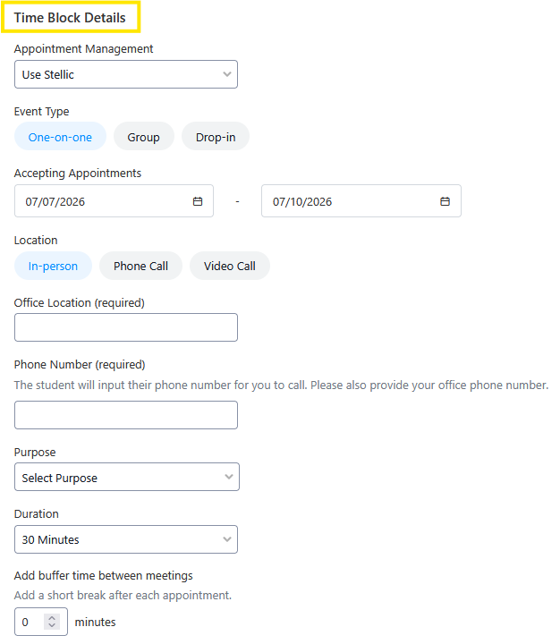 Screenshot of a “Time Block Details” form for appointment scheduling, with fields for event type, date range, location (in-person/phone/video), office location and phone number, purpose, duration, and