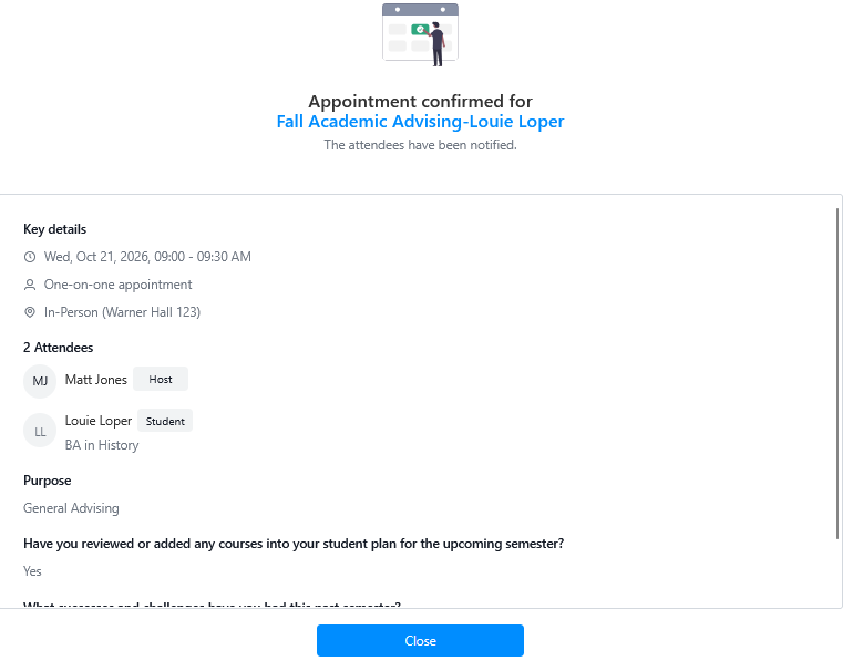 Screenshot of a “Fall Academic Advising Example” appointment confirmation screen showing attendees, meeting details, and Schedule and Cancel buttons.