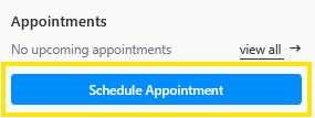 Appointments panel showing “No upcoming appointments,” a “view all” link, and a blue “Schedule Appointment” button.