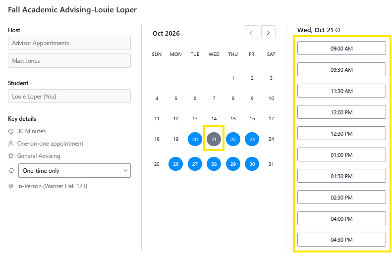 Academic advising appointment scheduler showing an October 2026 calendar with Oct 21 selected and a list of available time slots on the right.