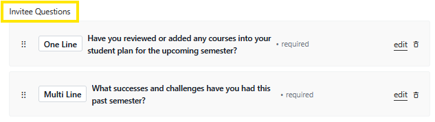 Screenshot of an “Invitee Questions” form builder showing editable one-line “Topic” and multi-line “Description” fields, each marked required, with Add question buttons and close/delete icons.