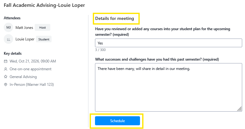 Screenshot of an academic advising meeting page showing attendee details on the left and a “Details for meeting” form on the right with questions and a blue Schedule button.
