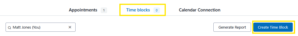 Scheduling dashboard header showing tabs for Appointments, Time blocks (selected), and Calendar Connection, with a "Create Time Block" button on the right.