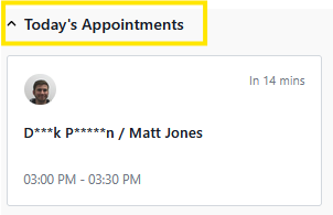 "Today’s Appointments" panel with an appointment for Matt Jones from 3:00 PM to 3:30 PM, starting in 14 minutes.