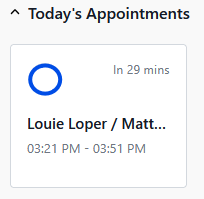 Appointments widget showing an upcoming meeting for Louie Loper with a circular avatar placeholder, starting in 29 minutes (03:21 PM–03:51 PM).