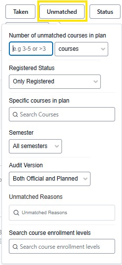 Student search filter showing the Unmatched filter selected with registration status, semester, audit version, reasons, and search fields.