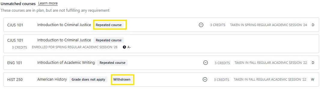 Screenshot example of an “Unmatched courses” list showing repeated courses and a withdrawn course highlighted.