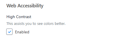 Web accessibility settings showing High Contrast enabled with a checked box.