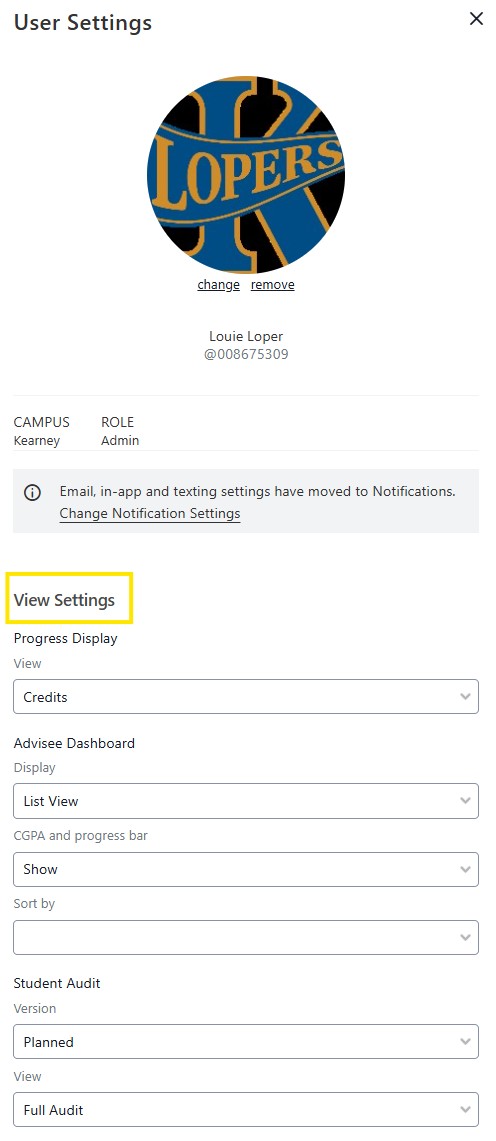 User Settings screen with the “View Settings” section highlighted.