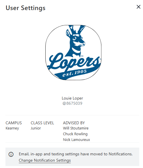 User Settings screen showing the Lopers logo, a user profile name and ID, and campus/class level/advisers details.