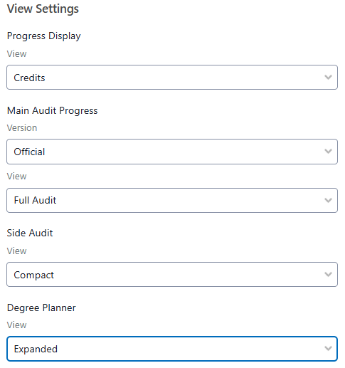 View Settings panel with dropdowns for progress display, main audit progress, side audit, and degree planner options.