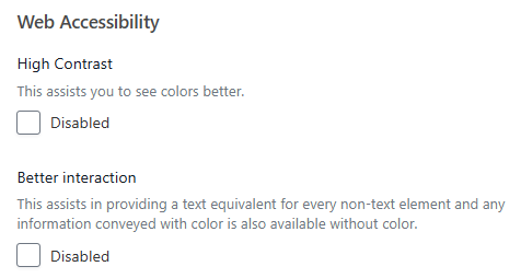 Web Accessibility settings panel showing options for High Contrast and Better interaction, each with a Disabled checkbox.