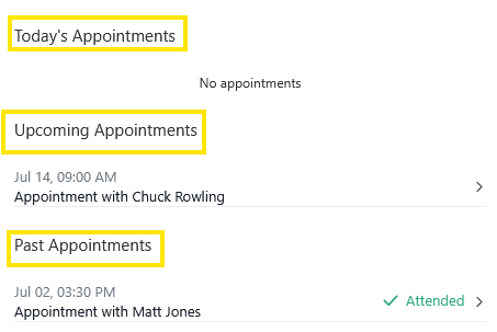 Appointments screen showing no appointments today, an upcoming appointment with Chuck Rowling on Jul 14 at 9:00 AM, and a past appointment with Matt Jones on Jul 2 at 3:30 PM marked attended.