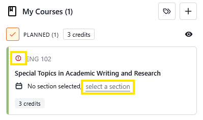 Course planner screen showing ENG 102, “Special Topics in Academic Writing and Research,” with “No section selected” and a highlighted “select a section” button.