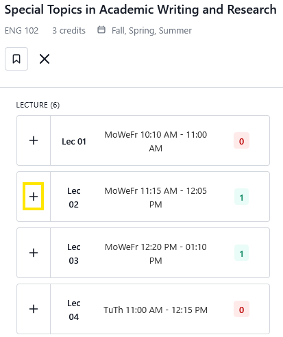 Course listing for ENG 102 “Special Topics in Academic Writing and Research” showing several lecture sections with add (+) buttons, meeting days/times, and seat availability indicators.