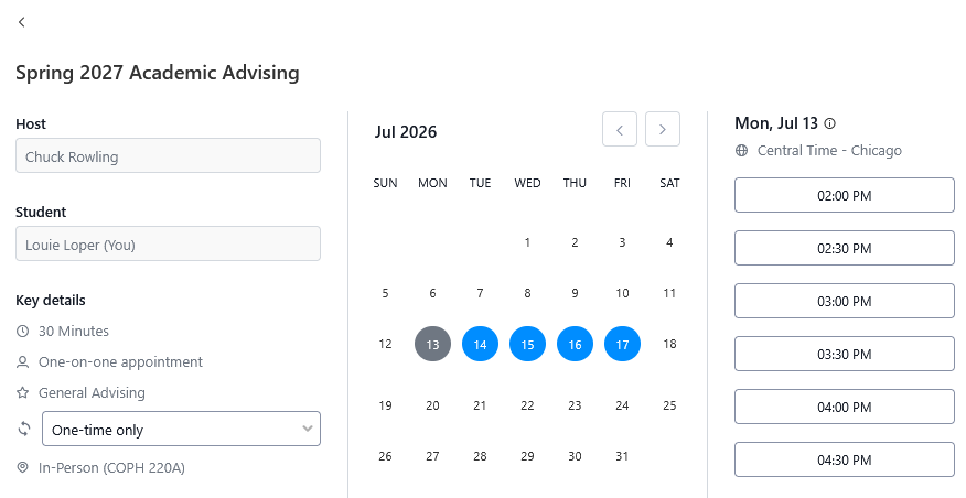 Scheduling page for “Spring 2027 Academic Advising” showing a July 2026 calendar with selected dates and a list of available appointment times on the right.