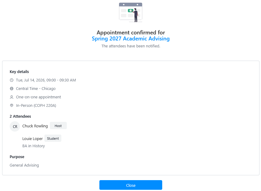 Screenshot of an appointment confirmation page for Spring 2027 Academic Advising, showing date and time, location, attendees, and purpose.