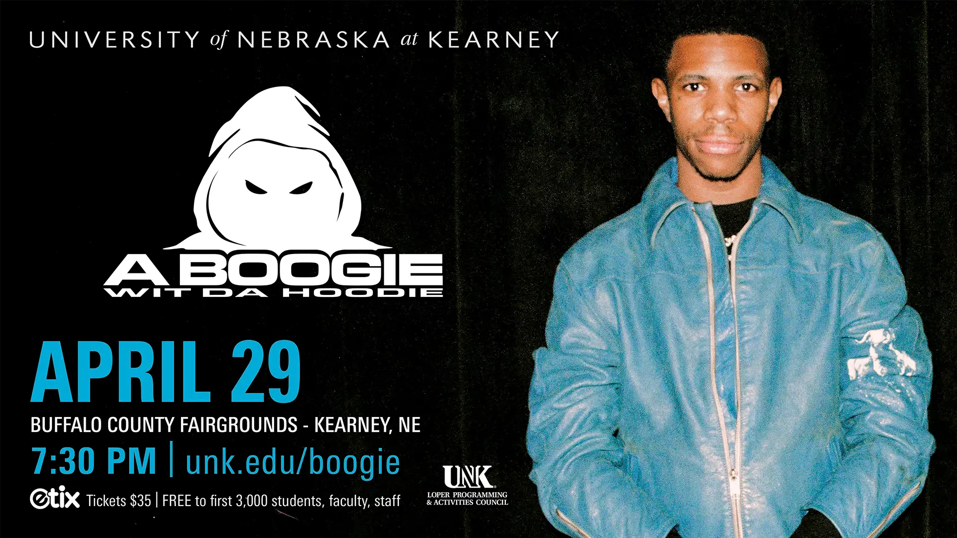 promo poster for the april 29 boogie wit da hoodie concert - buffalo country fairgrounds - 7:30 pm tickets $35