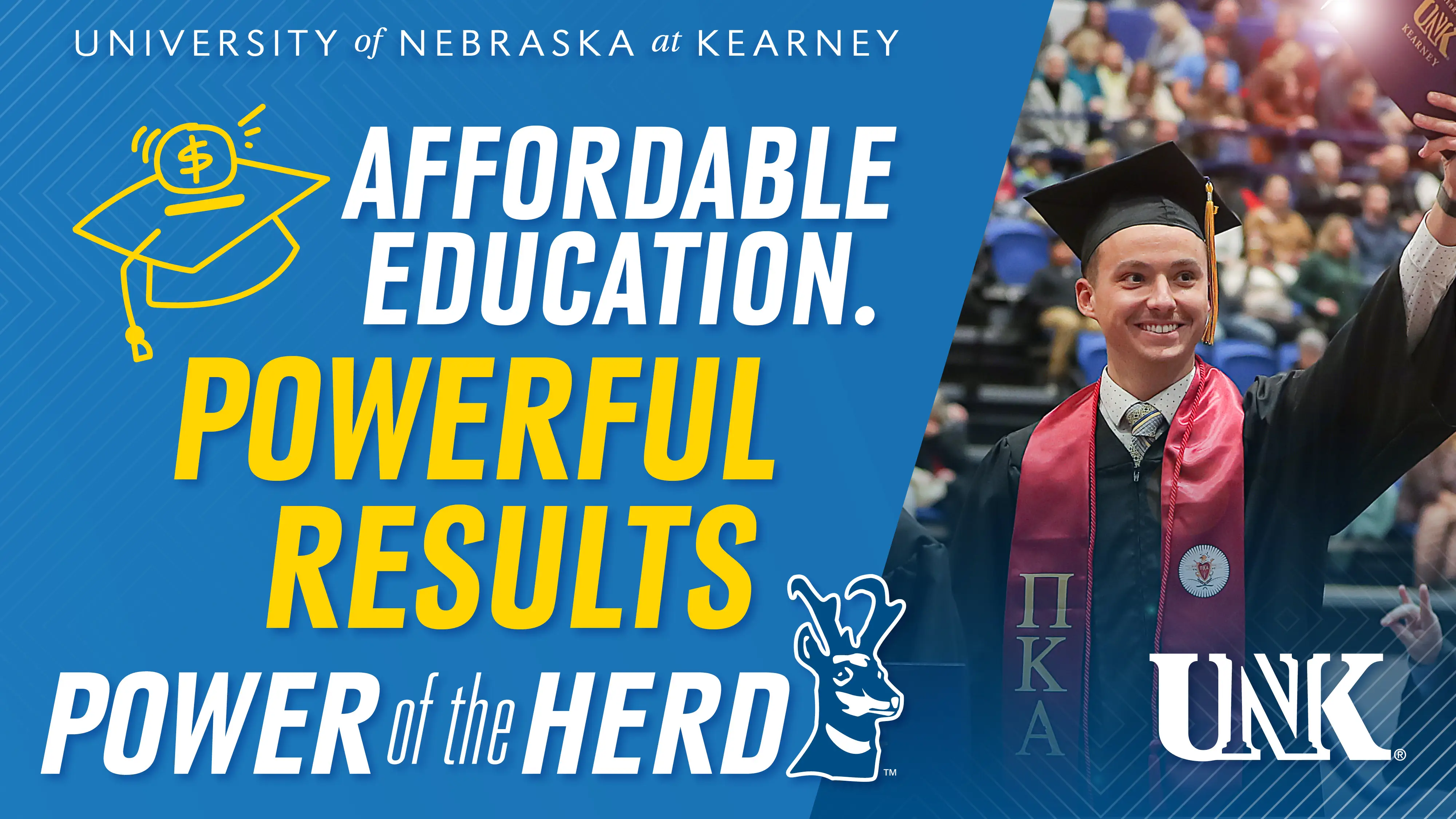 advertisement sample showing a man graduating with the words affordable education powerful results power of the herd