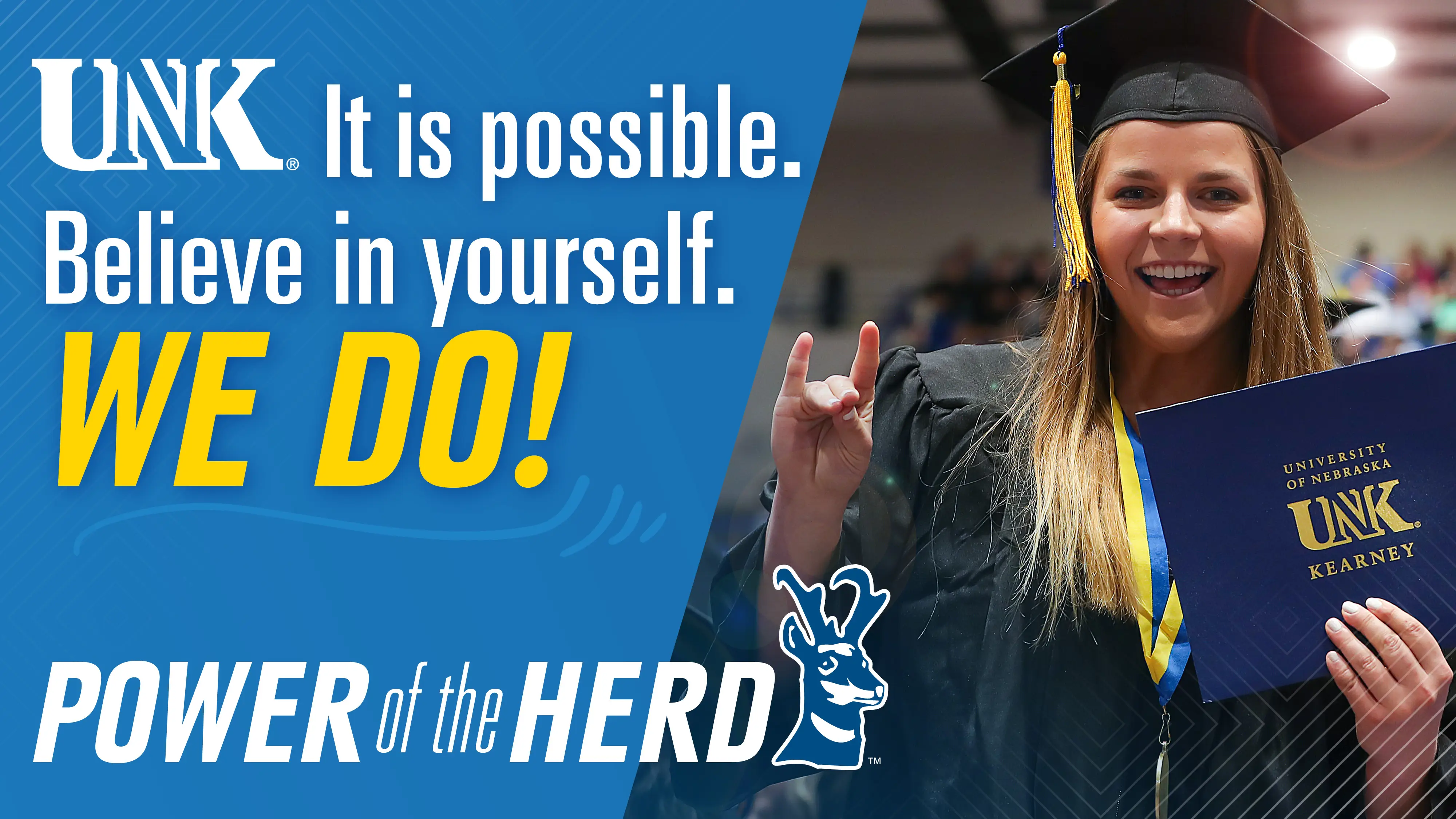 advertisement sample showing a student posing with louie the loper and the words you are strong and capable, go for it! power of the herd