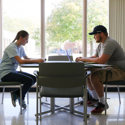 students studying in library in front of window